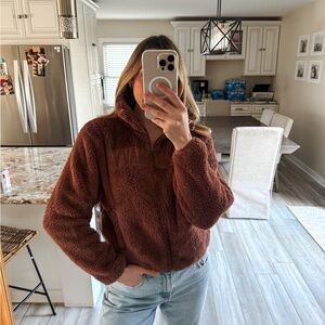 Old Navy Logo Sherpa Warm-Up Jacket Full Zip Brown Small